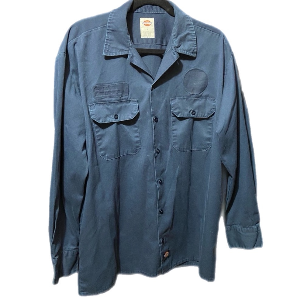 Dickies Work Shirt Classic Navy Blue Long Sleeve Oil Field Uniform Mechanic Lrg